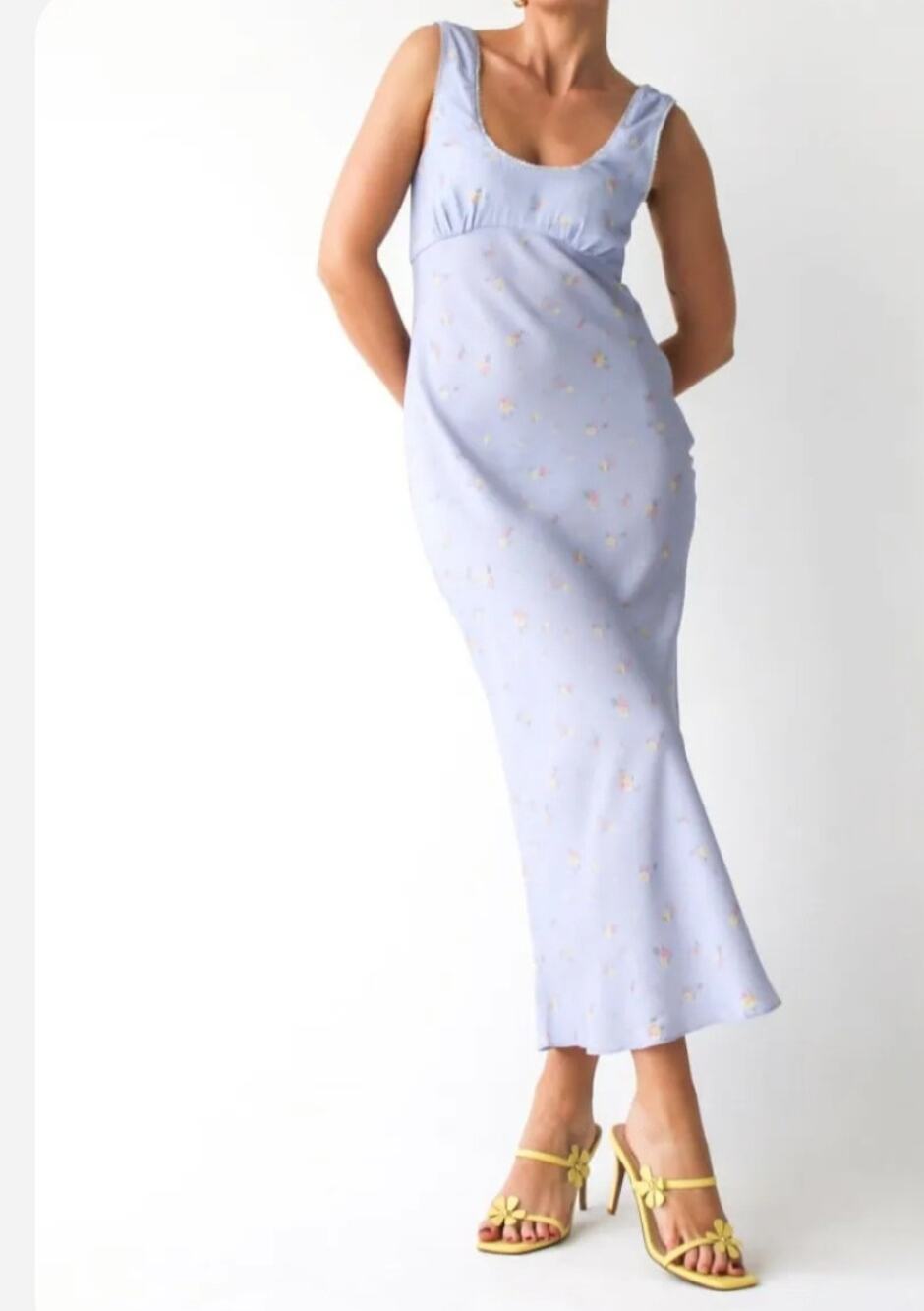 Rumored Forget Me Not Floral Satin Slip Midi Dress Light Blue Large Lace Trim